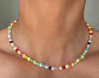 Rainbow Freshwater Pearl Necklace Multicolor Beaded Pearl Choker Skittles Choker Playful Dainty Gift for Her / Colorful Pearl Collar