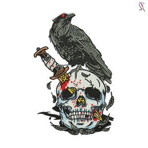 May include: An embroidered patch featuring a black raven with red eyes perched atop a human skull. A dagger with a gold and white handle is embedded in the top of the skull, with red blood splatters and scattered black feathers surrounding the base.