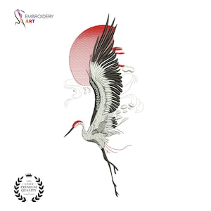 May include: An embroidered design featuring a crane in flight, with a red sun in the background. The crane has black and white wings, a red head, and is set against a white background. The text "EMBROIDERY ART" is at the top left.