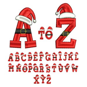 May include: A full alphabet of red embroidered letters, each adorned with a Santa hat and a black belt with a gold buckle. The letters are in a bold, blocky font, perfect for holiday crafts and decorations.