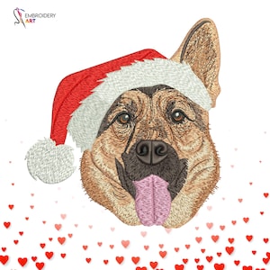 May include: Embroidered image of a German Shepherd dog wearing a Santa hat. The dog's face is detailed with brown, black, and tan thread. The Santa hat is red with a white trim and pom-pom. Red heart shapes are scattered below.