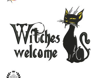 Witches Welcome Cat Embroidery Design, Halloween Machine Pattern (Instant Download)