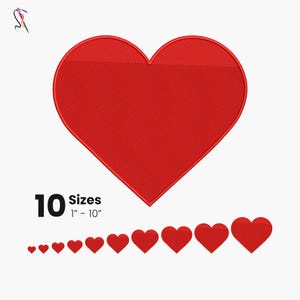 May include: A red heart design with a textured fill, accompanied by ten smaller red hearts. The text indicates 10 sizes available, ranging from 1 to 10 inches. The design is likely for embroidery or applique.