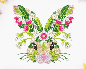 Floral Easter Bunny Embroidery Design | Rabbit Face with Flowers Machine Embroidery File | Spring Bunny Embroidery 5x7 Hoop