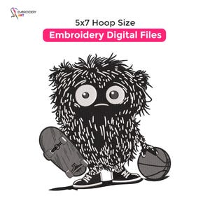 Puede incluir: Diseño de bordado en blanco y negro de un monstruo peludo sosteniendo una patineta y una pelota de baloncesto. El diseño incluye el texto "5x7 Hoop Size Embroidery Digital Files".