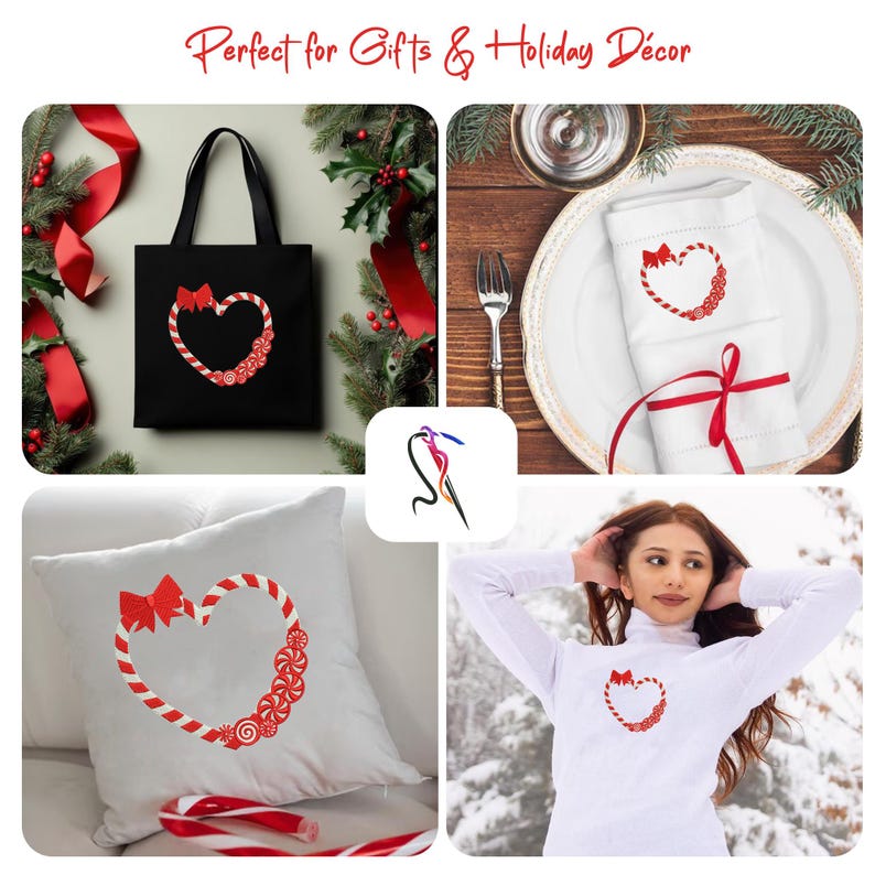 Candy Cane Heart Embroidery Design | Christmas Heart with Bow