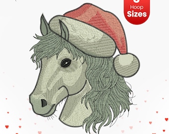 Christmas Horse Embroidery Design • Santa Hat, Farm Animal (Digital Download)