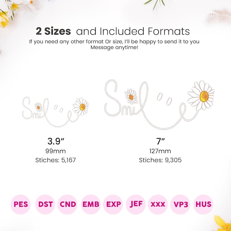 Smile Embroidery Design Happy Face Flower Pattern 2 Sizes 3.9" 7" (Instant Download) image 2
