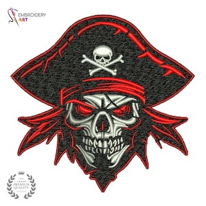 Puede incluir: Diseño bordado de calavera pirata con sombrero tricornio negro, pañuelo rojo y ojos rojos brillantes. La calavera tiene un esquema de color blanco y gris con un símbolo de calavera y huesos cruzados. El diseño incluye el texto "Embroidery Art" y "Premium Quality".