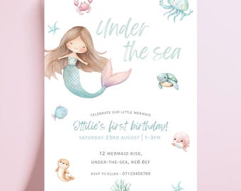 人魚の誕生日招待状｜海の中パーティーテンプレート｜編集可能なCanvaダウンロード｜女の子向けオーシャンパーティー招待状