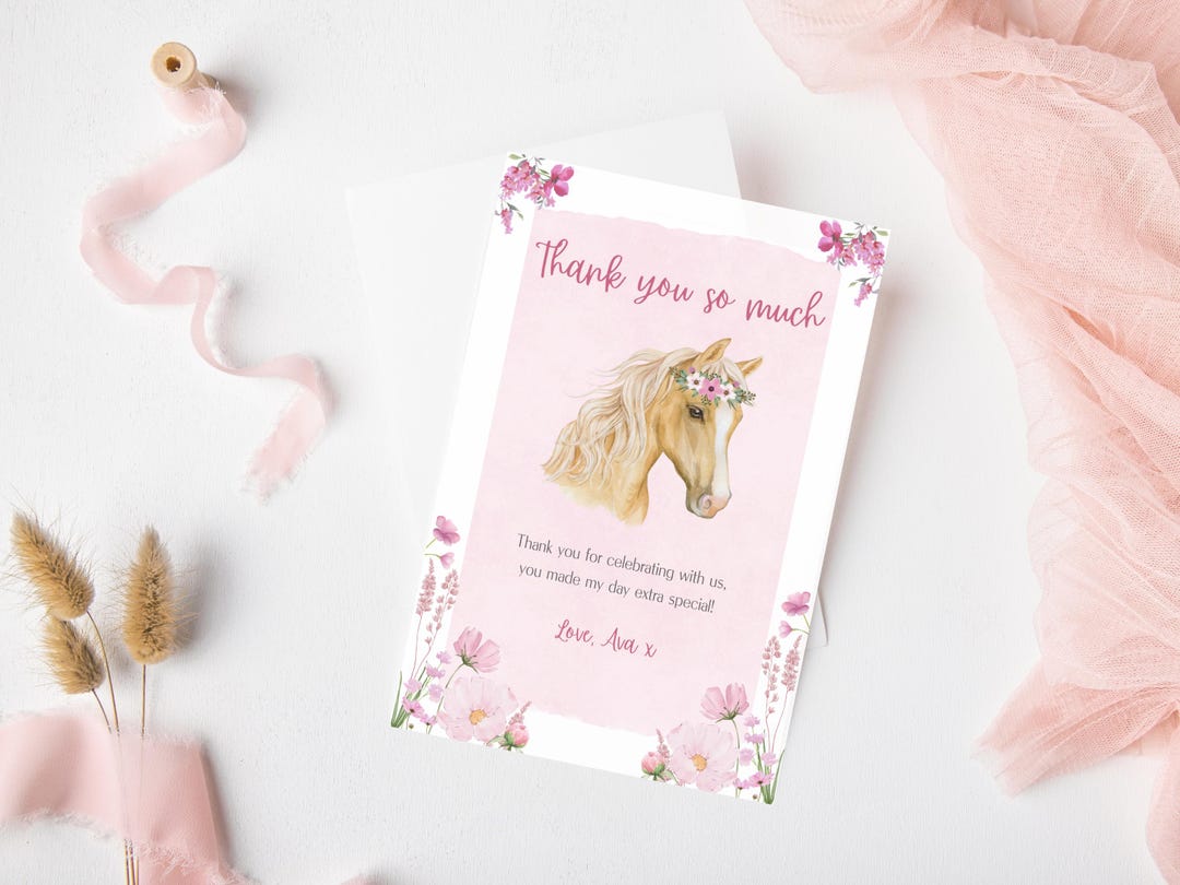 Editable Horse Thank You Card Girl | 4x6 Pony Party Canva Template ...