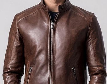 Men's Handmade Distressed Brown Leather Jacket: Retro Style