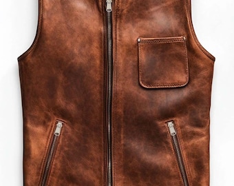 Vintage Tan Brown Leather Vest: Distressed Biker Style