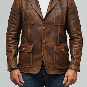 Handmade Vintage Brown Leather Blazer – Retro Genuine Leather Jacket, Classic Style