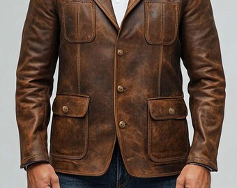 Handmade Vintage Brown Leather Blazer – Retro Genuine Leather Jacket, Classic Style