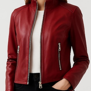 Handmade Women’s Red Leather Jacket – Genuine Leather, Biker Style, Stylish Fall Fashion