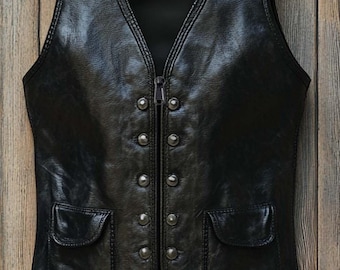 Black Vintage Leather Vest - Distressed 90s Motorcycle Waistcoat, Retro Unisex Fashion, Handmade & Unique