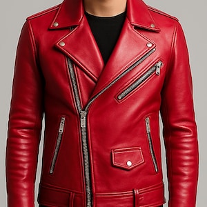 Handmade Men’s Red Biker Leather Jacket – Genuine Leather, Moto Style, Bold Streetwear