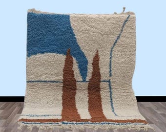 MOROCCAN WHITE RUG , Berber rug ,Handmade rug, Plain wool rug , Blue rug , Moroccan area rug ,Custom moroccan rug,Beni ourain rug