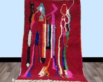 Custom Fabulous Rug,Red Berber rug,  Authentic Moroccan Rug, beni ourain rug, Abstract Multicolored Carpet, Handmade Moroccan Rug