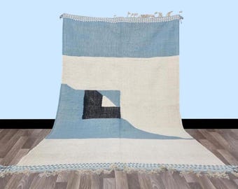 MOROCCAN WHITE RUG - Berber rug - Custom moroccan rug - Beni ourain rug - Handmade rug - Plain wool rug - Blue rug - Moroccan area rug