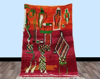 Moroccan Rug Orange And Red, Berber Rug Custom Moroccan rug ,Beni Ourain Rug ,Handmade rug , Plain Wool rug ,Red Wool Rug ,Moroccan Area Rug