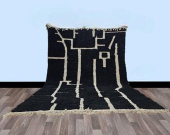 MOROCCAN BLACK RUG , Solid Black rug , Plain Black rug , Wool Berber rug , Beni ourain rug ,perforated rug ,Handmade rug , Moroccan area rug