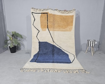 Marokkaans tapijt blauw en wit, berbertapijt aangepast Marokkaans tapijt, Beni Ourain-tapijt, handgemaakt tapijt, effen wollen tapijt, blauw tapijt, Marokkaans tapijt