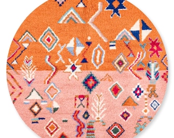 Authentic Moroccan rug,Genuine Wool rug, Handmade  Rug,Orange Custom Round rug, Cozy Chic Geometric Round Rugs ,Beni Ourain Round Shaggy Rug