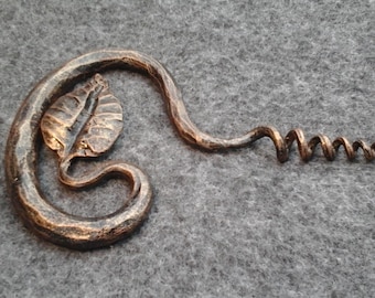 Hand Forged Corkscrew with Leaf | Rustic Wine Opener | Bronze Patina Bar Tool | Unique Gift for Wine Lover | Iron 6th Anniversary Gift