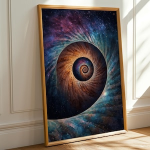 Arte de parede em espiral de Fibonacci, impressão em espiral dourada, download digital de concha cósmica