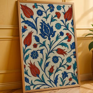 Iznik Floral Wall Art, Red Tulip Print, Blue Botanical Poster