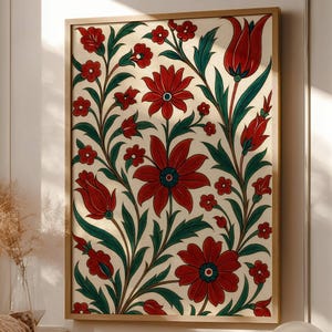 Arte mural de azulejos de Iznik, estampado floral anatolio, póster de tulipán rojo