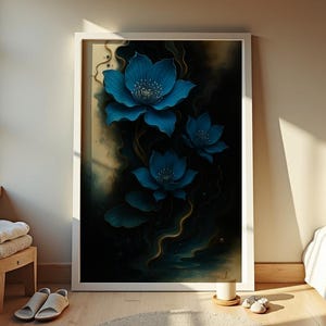 Floral Wall Art – Textured Flower Painting | Moody Art Print | Blue Blossom Abstract Decor