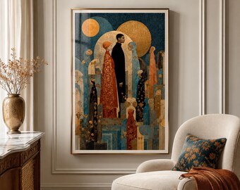 Abstract Wall Art, Celestial Decor, Stylized Figures Beneath Golden Moons in Teal and Terracotta