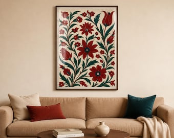Botanical Wall Art, Turkish Iznik Floral Print with Red Tulips and Cream Background