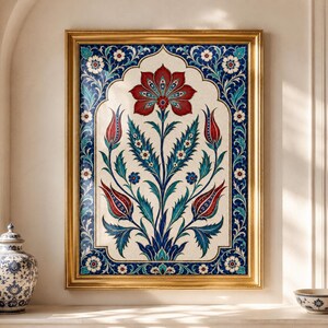 Turkish Wall Art, Iznik Tile Print, Red Tulip Poster, Floral Botanical Decor