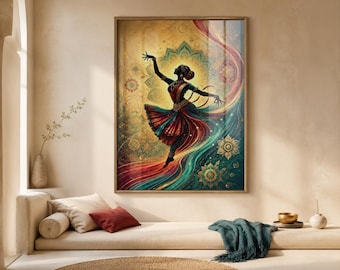 Indian Wall Art, Female Silhouette, Mandala Wall Art, Flowing Dancer, Colorful Maximalist Decor