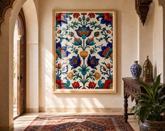 Botanical Wall Art, Turkish Floral Print with Blue Tulips and Tile Inspired Details