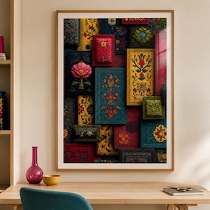Textile Wall Art, Colorful Patchwork Print, Floral Folk Pattern Poster, Ornamental Boho Maximalist Decor