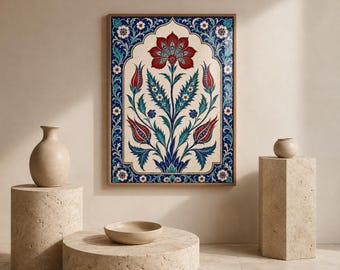 Botanical Wall Art, Turkish Iznik Floral Print with Red Tulip and Blue Foliage