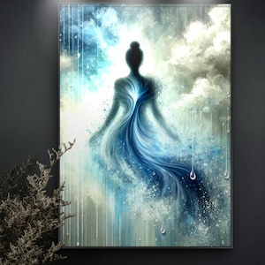 Blue Rain Woman Art Print: Surreal Silhouette | Dreamy Spiritual Poster | Blue Ethereal Digital Download