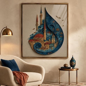 Islamic Wall Art, Istanbul Mosque Print, Blue Turkish Ornamental Design with Golden Details