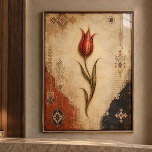 Arte mural turco, estampado de tulipanes otomanos con flor roja y detalles botánicos vintage.