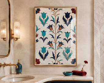 Botanical Wall Art, Turkish Tulip Print with Navy and Turquoise Floral Motifs