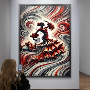 Arte mural flamenco: silueta de bailarina española con vestido rojo / Arte de movimiento imprimible para decorar la sala de estar