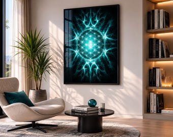 Blume des Lebens, Heilige Geometrie, Mandala-Wandkunst, Meditationsdekoration in Türkistönen