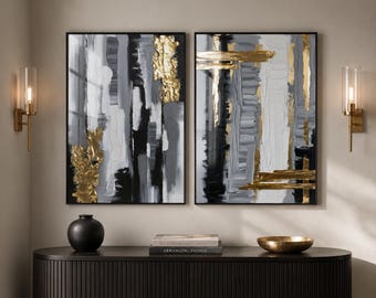 Juego de 2 láminas abstractas para pared, estampados modernos y glamurosos, decoración en negro y dorado.