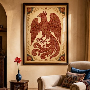 Phoenix Wall Art, Simurg Poster, Turkish Ornamental Print, Mythical Decor