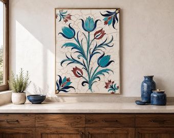 Botanical Wall Art, Turkish Iznik Print with Turquoise Tulips and Ceramic Tile Details